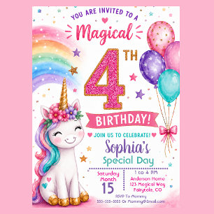 Invitación Cumpleaños mágico de la niña unicornio 4 años