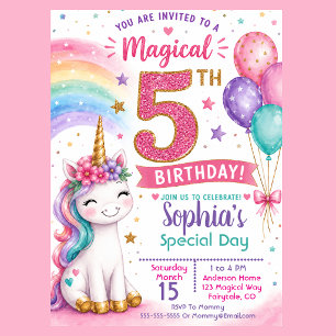 Invitación Cumpleaños mágico de la niña unicornio 5 años