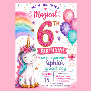 Invitación Cumpleaños mágico de la niña unicornio número 6