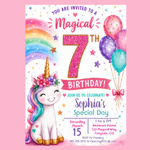 Invitación Cumpleaños mágico de la niña unicornio número 7