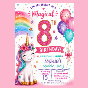 Invitación Cumpleaños mágico de la niña unicornio número 8