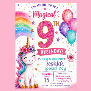 Invitación Cumpleaños mágico de la niña unicornio número 9