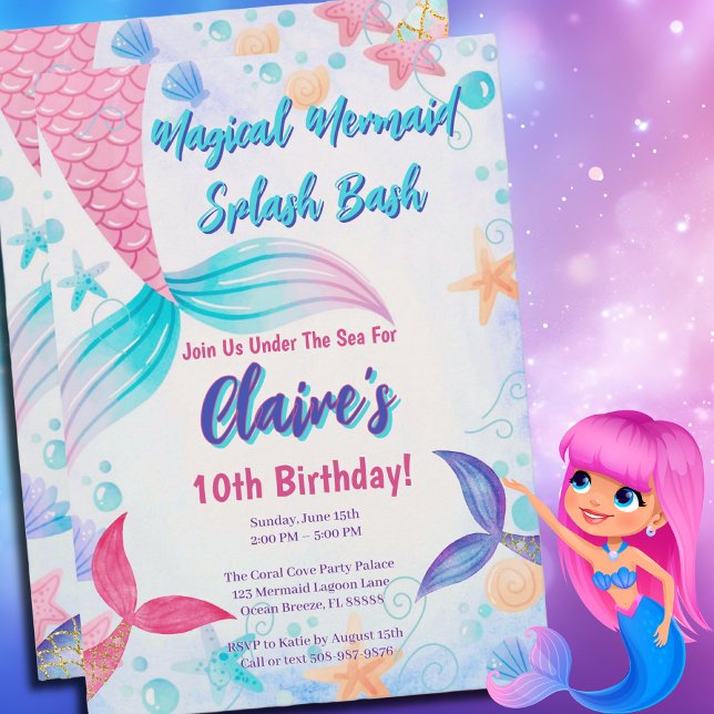 Invitación Cumpleaños mágico de la sirena de cola (Magical Mermaid Birthday Party Invitation)