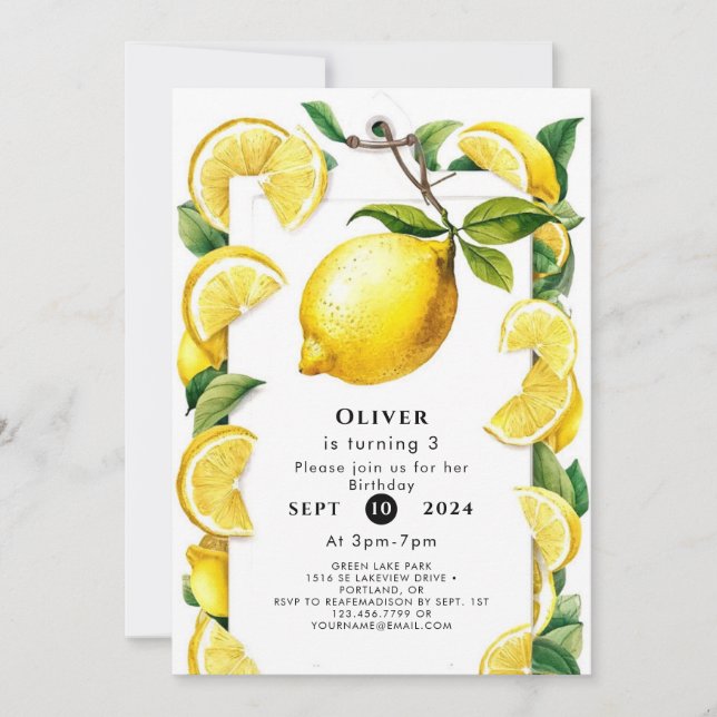 Invitación Cumpleaños mágico de limón cúbico (Anverso)