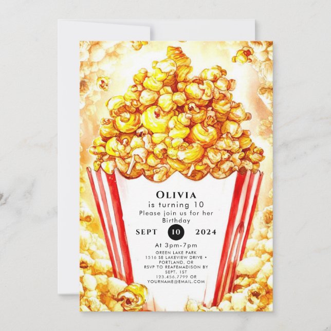 Invitación Cumpleaños mágico de los niños con palomitas de ma (Anverso)