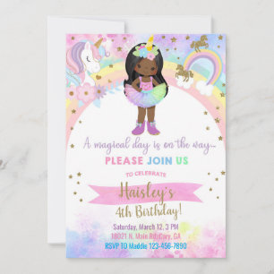 Invitación Cumpleaños mágico de niña afroamericana unicornio.