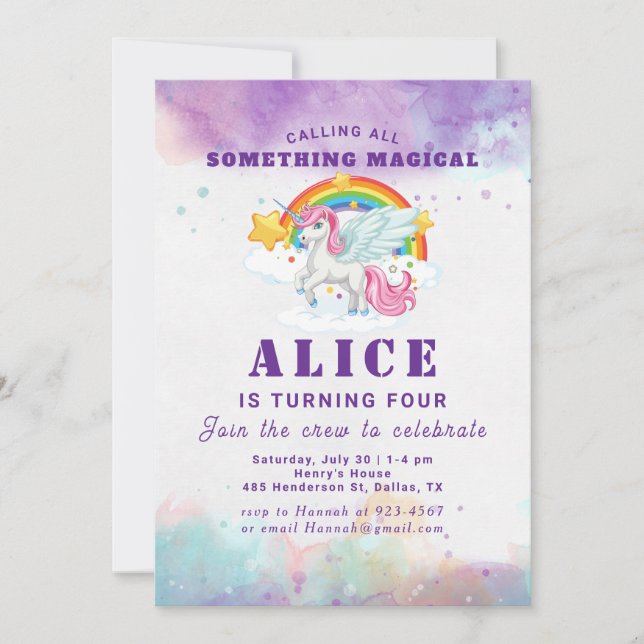 Invitación Cumpleaños mágico de niños con arcoíris de unicorn (Anverso)