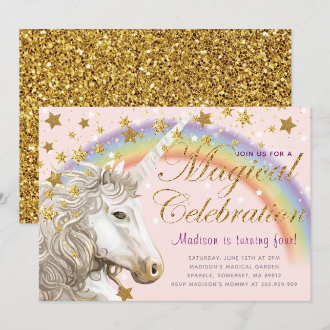 Invitación Cumpleaños mágico de oro de Fiesta unicornio (Anverso / Reverso)