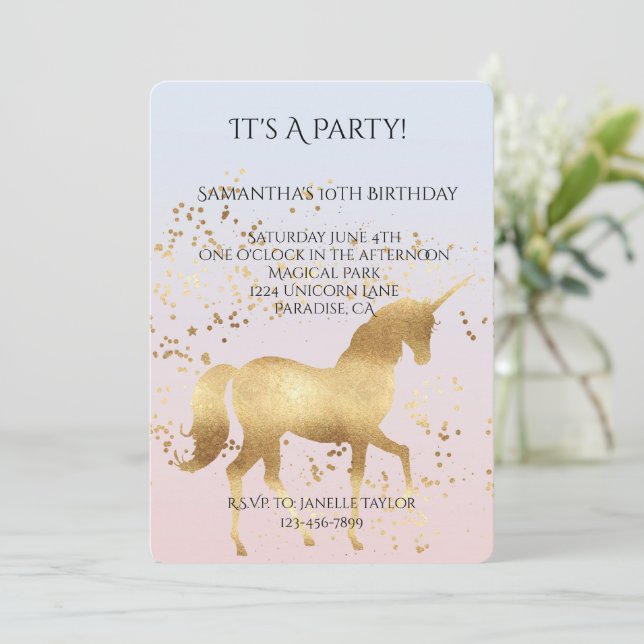 Invitación Cumpleaños mágico de oro unicornio (Anverso de pie)