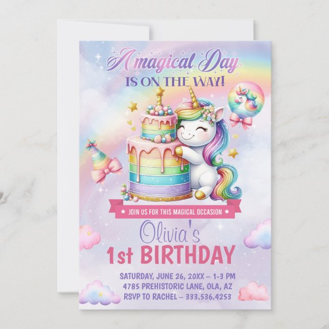 Invitación Cumpleaños mágico de Rainbow Unicorn (Anverso)