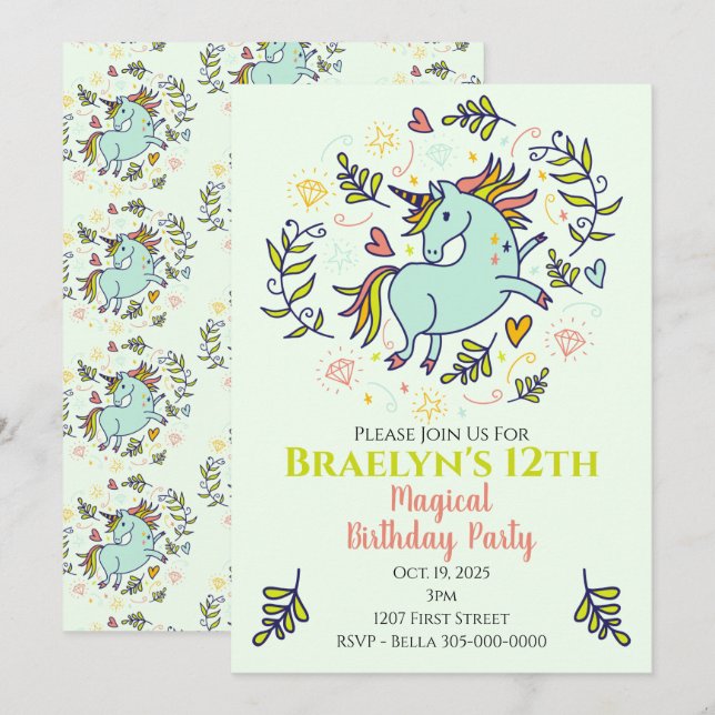 Invitación Cumpleaños mágico de Sassy Unicorn (Anverso / Reverso)