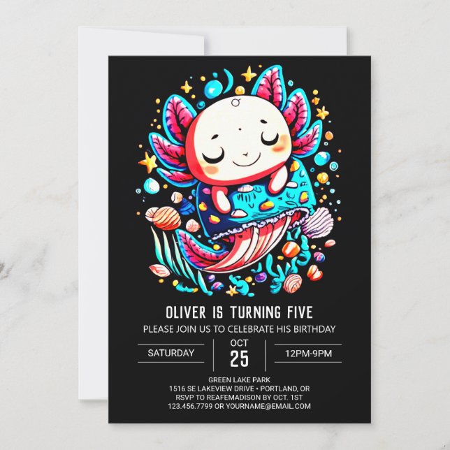 Invitación Cumpleaños mágico de Seashells Axolotl (Anverso)