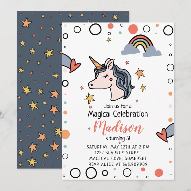 Invitación Cumpleaños mágico de unicornio (Anverso / Reverso)