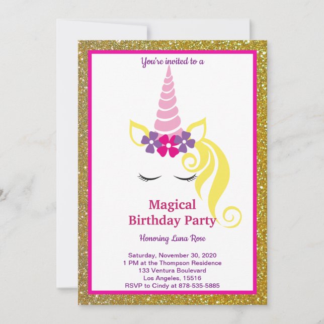 Invitación Cumpleaños mágico de unicornio (Anverso)