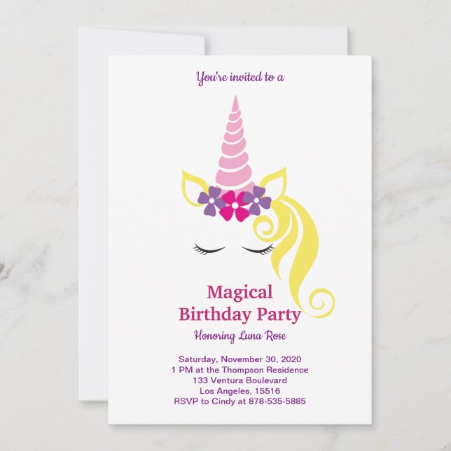 Invitación Cumpleaños mágico de unicornio (Anverso)