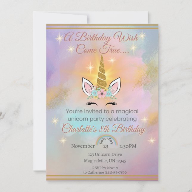 Invitación Cumpleaños mágico de unicornio (Anverso)