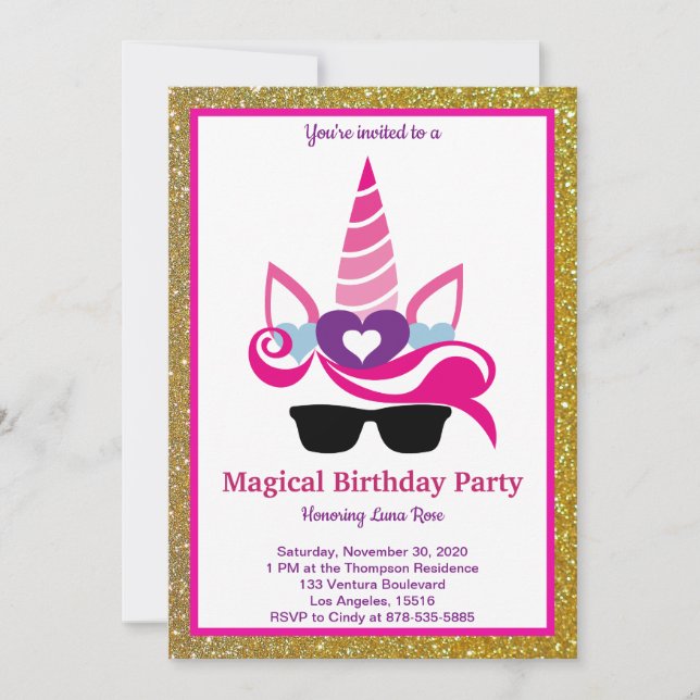 Invitación Cumpleaños mágico de unicornio (Anverso)