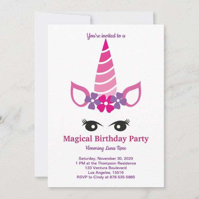 Invitación Cumpleaños mágico de unicornio (Anverso)