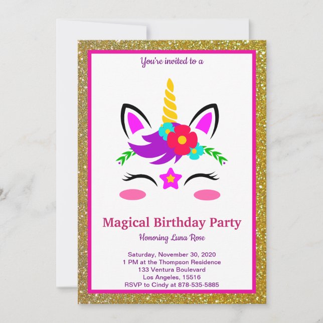 Invitación Cumpleaños mágico de unicornio (Anverso)