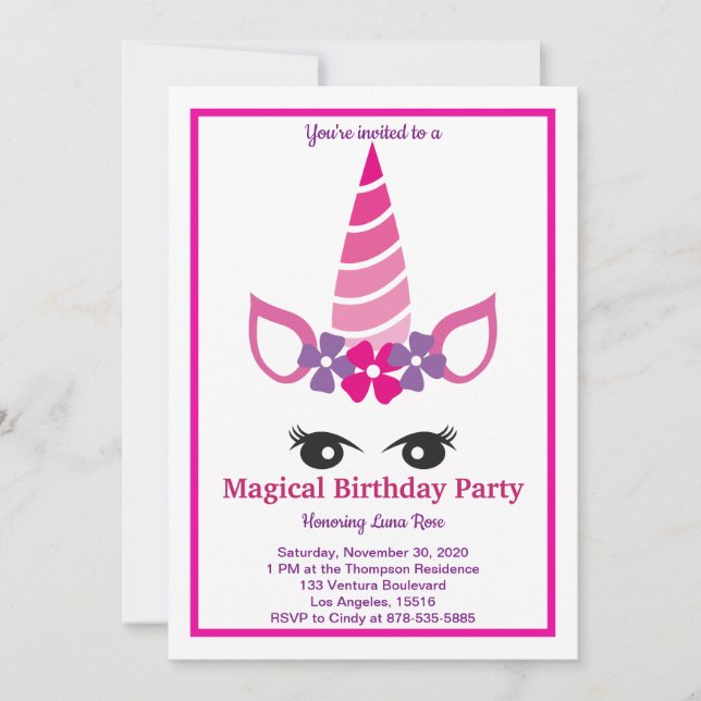 Invitación Cumpleaños mágico de unicornio (Anverso)