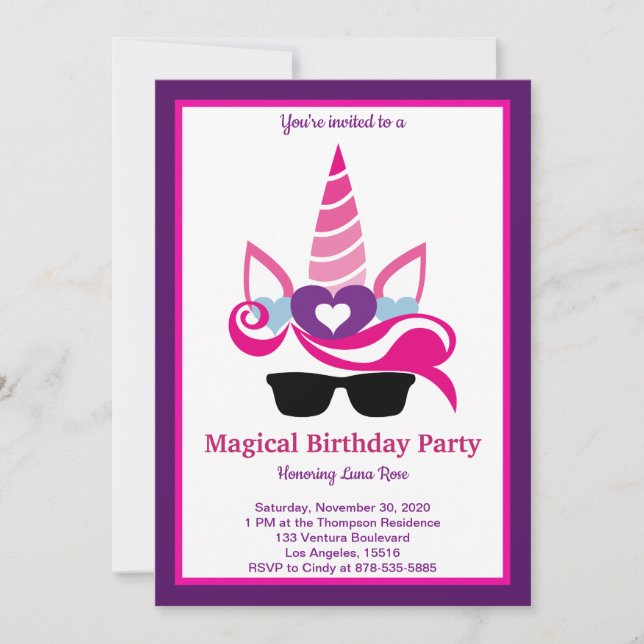 Invitación Cumpleaños mágico de unicornio (Anverso)