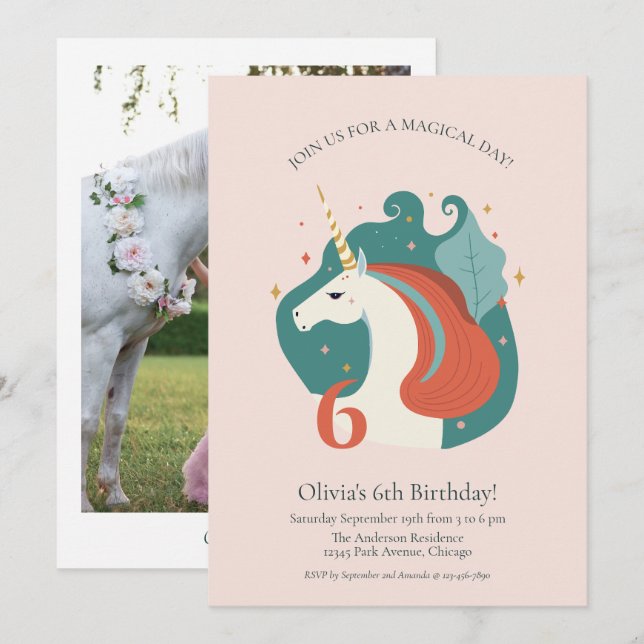 Invitación Cumpleaños mágico de unicornio (Anverso / Reverso)