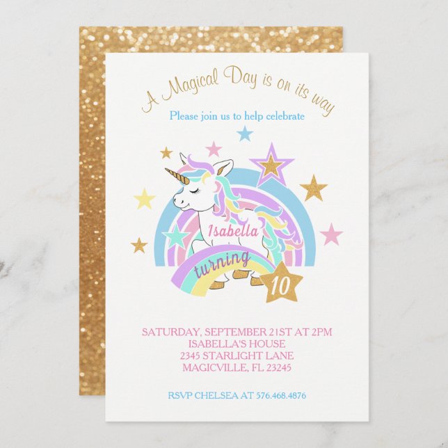 Invitación Cumpleaños mágico de unicornio (Anverso / Reverso)