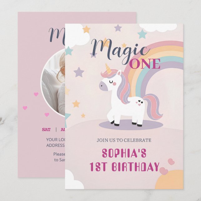Invitación Cumpleaños mágico de Unicornio 1 año (Anverso / Reverso)