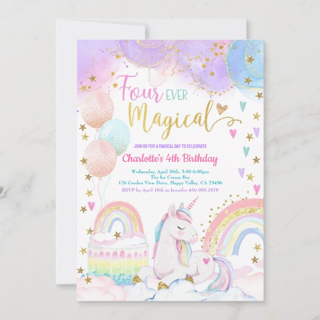 Invitación Cumpleaños Mágico de Unicornio 4º Cumpleaños Paste (Anverso)