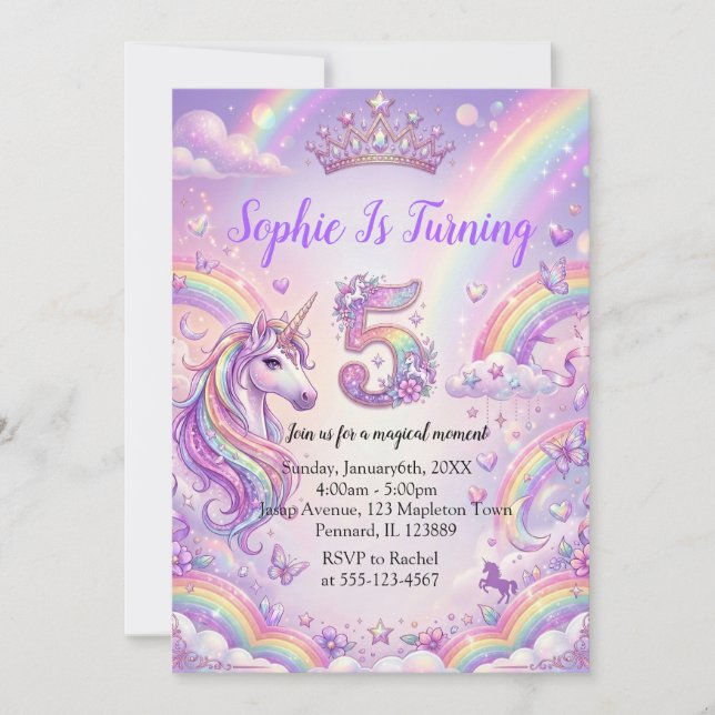 Invitación Cumpleaños mágico de Unicornio 5 años  (Anverso)