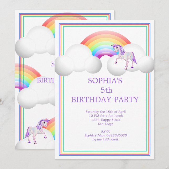 Invitación Cumpleaños mágico de Unicornio arcoiris (Anverso / Reverso)
