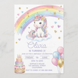 Invitación Cumpleaños mágico de unicornio arcoíris pastel fem