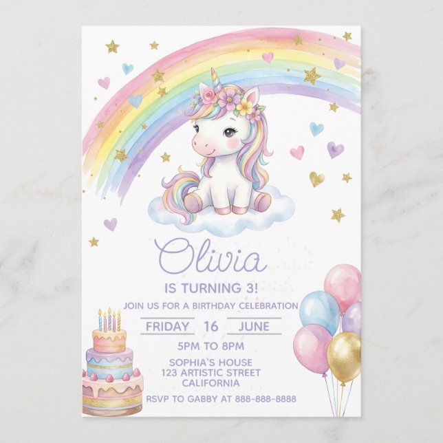 Invitación Cumpleaños mágico de unicornio arcoíris pastel fem (Anverso)