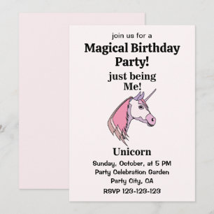 Invitación Cumpleaños Mágico de Unicornio de Cabeza Rosa Púrp