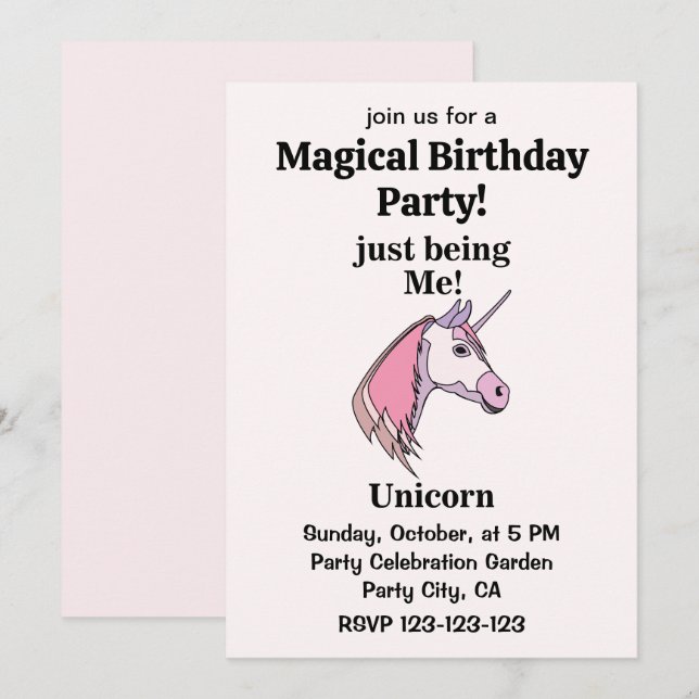 Invitación Cumpleaños Mágico de Unicornio de Cabeza Rosa Púrp (Anverso / Reverso)