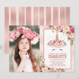 Invitación Cumpleaños mágico de unicornio / Floral de oro Ros