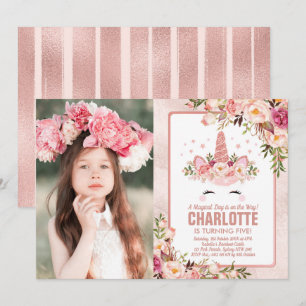 Invitación Cumpleaños mágico de unicornio / Floral de oro Ros