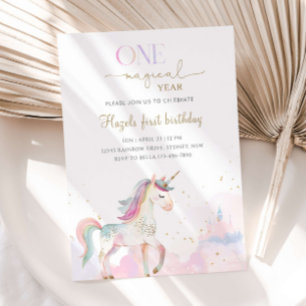 Invitación Cumpleaños mágico de unicornio pastel de 1 año