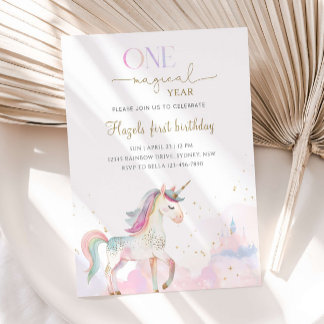 Invitación Cumpleaños mágico de unicornio pastel de 1 año