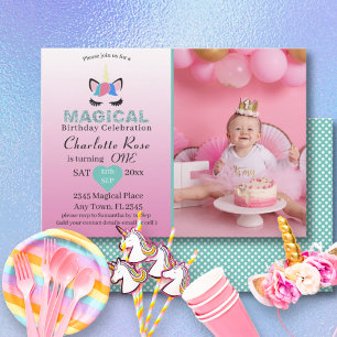 Invitación Cumpleaños mágico de unicornio rosa para niña 1
