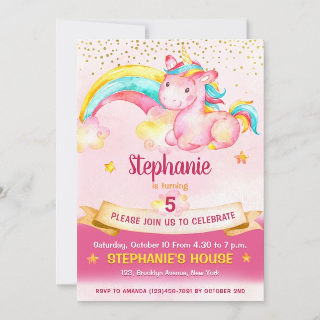 Invitación Cumpleaños mágico de unicornio y arcoiris (Anverso)