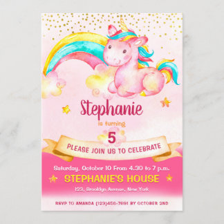 Invitación Cumpleaños mágico de unicornio y arcoiris