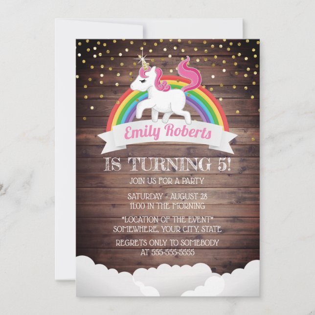 Invitación Cumpleaños mágico de unicornio y confeti de oro ar (Anverso)