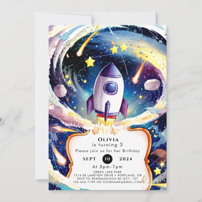 Invitación Cumpleaños mágico del cohete galáctico (Anverso)