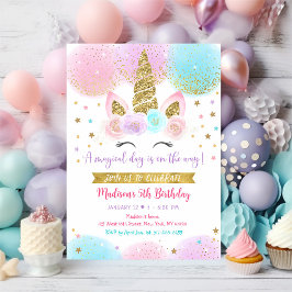 Invitación Cumpleaños mágico del oro rosado de unicornio