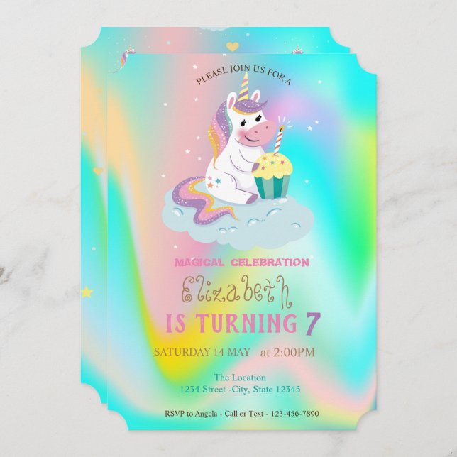 Invitación Cumpleaños mágico del unicornio arcoiris (Anverso / Reverso)