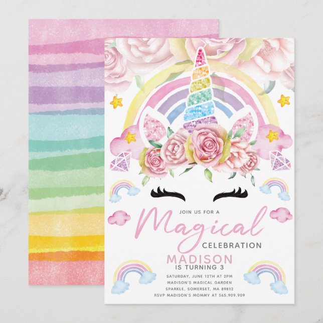 Invitación Cumpleaños mágico Fiesta de Unicornio (Anverso / Reverso)