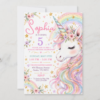 Invitación Cumpleaños Mágico Floral Unicornio Arcoíris