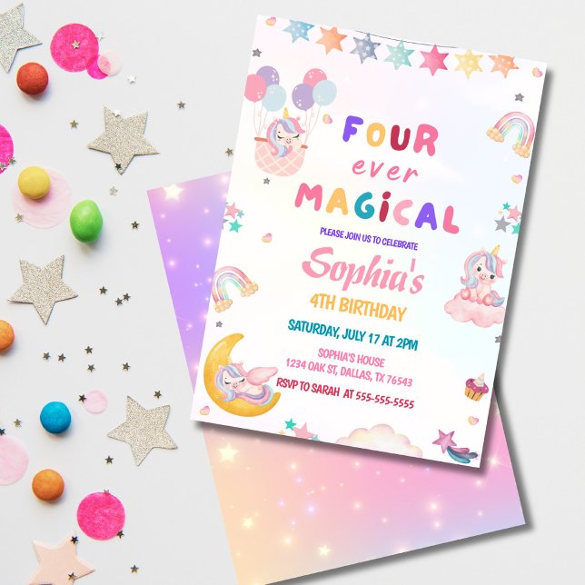 Invitación Cumpleaños mágico número 4 de Unicorn Four  Ever (Four Ever Magical pastel unicorn 4th birthday invitation with rainbow and stars.)