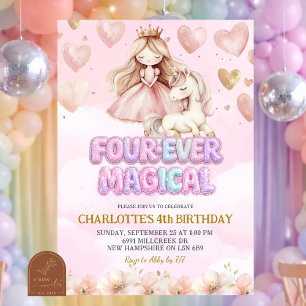 Invitación Cumpleaños mágico número cuatro del Unicornio Rosa
